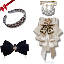 Pegu 4 Lü Set Leopar Taç,çiçekli Yaka Broş,kadife Otomatik Toka,iskoç Iğnesi ,sevgililer Günü Hediye