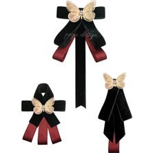 Pegu Kelebekli 3 Lü Siyah Kadife Broş Set Kristal Taş,papyon Kravat Yakalık Yaka Iğnesi Kadın Broş