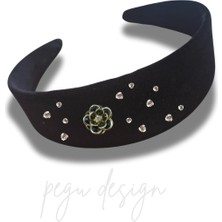 Pegu Çiçekli Kadife Kristal Cam Taşlı Özel Tasarım Geniş Taç