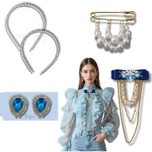 Pegu 5 Li Set Incili Taç,yaka Broş,iskoç Iğnesi ,çift Küpe Sevgililer Günü Hediye