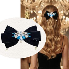 Pegu Turkuaz Taşlı,incili Siyah Kadife Özel Tasarım Otomatik Toka