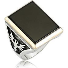 Inure Jewelry Gümüş Siyah Taşlı Çift Başlı Kartal Erkek Yüzük