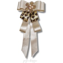 Pegu Luxury Ekru Leopar Saten Kurdele Incili Çiçekli Yaka Broş,papyon,kravat ..