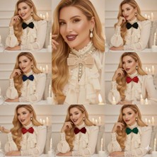 Pegu Ekru Kadife , Yanlar Inci Sallantılı Kristal Taşlı ,kadın Papyon,broş,yeniyıl Kutlama,kravat