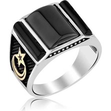 Inure Jewelry Gümüş Siyah Taşlı Ay Yıldız Erkek Yüzük