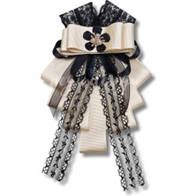 Pegu Luxury Ekru Dantelli Kadife Kurdele Incili Çiçekli Yaka Broş,papyon,kravat ..