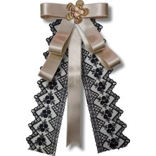 Pegu Ekru Saten Kurdele Dantel Güpürlü Incili Çiçekli Yaka Broş,papyon,kravat ..