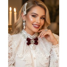 Pegu Bordo Kadife ,kristal Taşlı ,kadın Papyon,broş,yaka Iğnesi,kravat