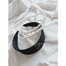 Pegu 3 Lü Set Geniş Kadife Siyahve Sıralı Inci Taç , Gelin,davet ,kutlama ,günlük,