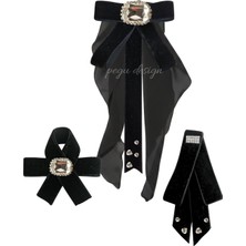 Pegu 3 Lü Siyah Kadife Broş Setkristal Taş,papyon Kravat Yakalık Yaka Iğnesi Kadın Broş