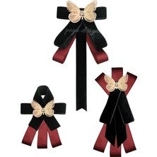 Pegu Kelebekli 3 Lü Siyah Kadife Broş Set Kristal Taş,papyon Kravat Yakalık Yaka Iğnesi Kadın Broş