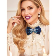 Pegu Lacivert Kadife , Yanlar Inci Sallantılı Kristal Taşlı ,kadın Papyon,broş,yeniyıl Kutlama,kravat