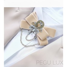 Pegu Ekru Kadife ,kristal Taşlı ,kadın Papyon,broş,yaka Iğnesi,kravat