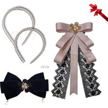 Pegu 4 Lü Set Incili Taç,çiçekli Yaka Broş,kadife Otomatik Toka,sevgililer Günü Hediye