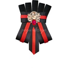 Pegu Kırmızı Şeritli Siyah Saten Kadın Broş,yaka Iğnesi ,papyon/kravat