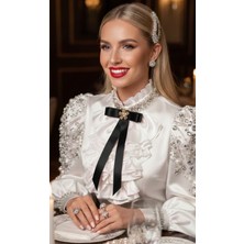 Pegu Siyah Saten Kurdele Incili Çiçekli Yaka Broş,papyon,kravat ..