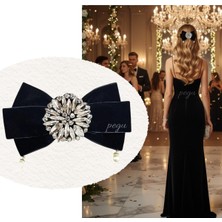 Pegu Taşlı,incili Siyah Kadife Özel Tasarım Otomatik Toka