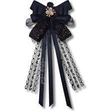 Pegu Luxury Siyah Dantelli Kurdele Incili Çiçekli Yaka Broş,papyon,kravat ..