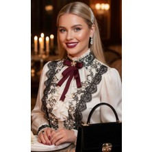 Pegu Bordo Grogren Kurdele Incili Çiçekli Yaka Broş,papyon,kravat ..