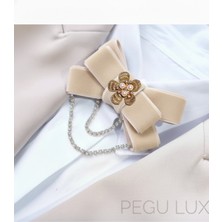 Pegu Ekru Kadife Su Yolu Sallantılı Incili Çiçekli Yaka Broş,papyon,kravat ..