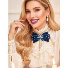 Pegu Lacivert Kadife , Yanlar Inci Sallantılı Kristal Taşlı ,kadın Papyon,broş,yeniyıl Kutlama,kravat