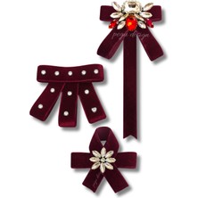 Pegu 3 Lü Bordo Kadife Broş Set Kristal Taş,papyon Kravat Yakalık Yaka Iğnesi Kadın Broş