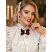 Pegu Bordo Kadife ,kristal Taşlı ,kadın Papyon,broş,yaka Iğnesi,kravat