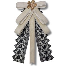 Pegu Ekru Kadife Kurdele Dantel Güpürlü Incili Çiçekli Yaka Broş,papyon,kravat ..