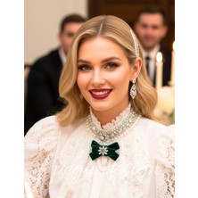 Pegu Zümrüt Yeşil Kadife ,kristal Taşlı ,kadın Papyon,broş,yaka Iğnesi,kravat