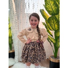 Yiğit Butik Leopar Etekli Kalp Desen Gömlekli Kız Çocuk Takım