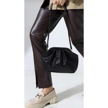 Themoiss The Moiss Glow Süet Orta Boy Siyah Renk Örgü Detaylı El, Omuz ve Çapraz Çanta, 19*24