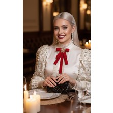 Pegu Kırmızı Saten Kurdele Incili Çiçekli Yaka Broş,papyon,kravat ..