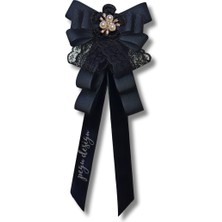 Pegu Luxury Siyah Dantelli Kurdele Incili Çiçekli Yaka Broş,papyon,kravat ..