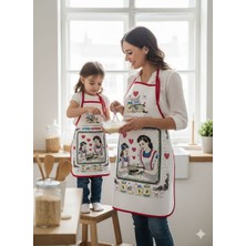 Coton Delux Anne Kız Kombin Mutfak Önlüğü Seti – Temalı Yazılı Desen – Bordo Biyeli Anne & Çocuk Önlük Takımı