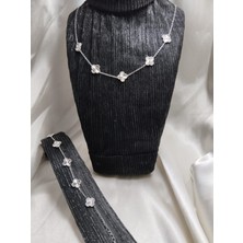 Mumicemum Sevgiliye Özel Gümüş Yapraklı Yonca Kolye ve Bileklik Çelik Set