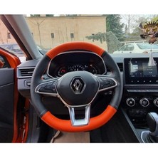 Stilix Garage Clio 5 Araca Özel Tam Uyumlu Deri Direksiyon Kılıfı (Turuncu-Siyah)