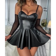 Intive Lingerie Intive Curvy Büyük Beden Deri Görünümlü Eldivenli Mini Gecelik (2xl/3xl)