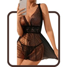 Zarvia Siyah Tül Dekolteli Transparan Askılı Seksi Tanga Gecelik Takım