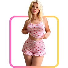 Zarvia Çilek Desenli Crop Şort Pijama Takımı %100 Pamuk Pembe