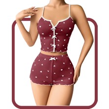 Zarvia Kalp Desenli Şort Crop Pijama Takımı Kahverengi %100 Pamuk