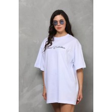 Pazarcan Unisex Bisiklet Yaka Baskılı Oversize T-Shirt - Beyaz