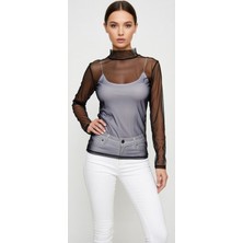 Moda Nur Modanur Siyah Renk, Likralı ,transparan Tül Bluz. S Beden