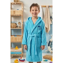 Hera Textile Kapüşonlu ve Kemerli Pamuklu TURKUAZ Erkek-Kız Genç Çocuk Bornozu(PAMUKLU-YUNUS NAKIŞLI-YUMUŞAK)