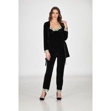 Pazarcan Siyah Kadife Sabahlık &amp; Gecelik Takım 3' Lü