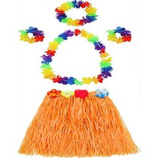 Pazarcan Yetişkin ve Çocuk Uyumlu Luau Ha Hawaii Tcu Etek ve Renkli Kolye Taç 2 Adet Bileklik Seti