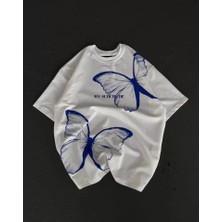 Pazarcan Unisex Bisiklet Yaka Baskılı Oversize T-Shirt - Beyaz