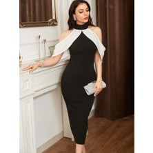 Pazarcan Kadın Daire Yakalı Omuzlardan Kollara Yayılan Kanat Detaylı Çift Renkli Uzun Ithal Krep Elbise