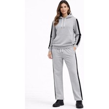 Pazarcan Kadin Yandan Şeritli Eşofman Takım Kapüşonlu Sweatshirt Boru Paça Alt, Oversize 3 Iplik Pamuklu - G