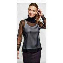 Moda Nur Modanur Siyah Renk, Likralı ,transparan Tül Bluz. Xl Beden