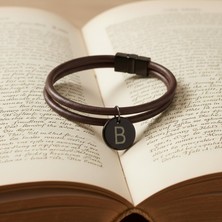 Vaoov Kişiye Özel Harf Plakalı Çift Sıra Açık Kahverengi Deri Erkek Bileklik